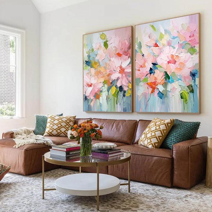 BLOSSOM CHORALE: Textured Impressionist Floral Diptych Oil Painting