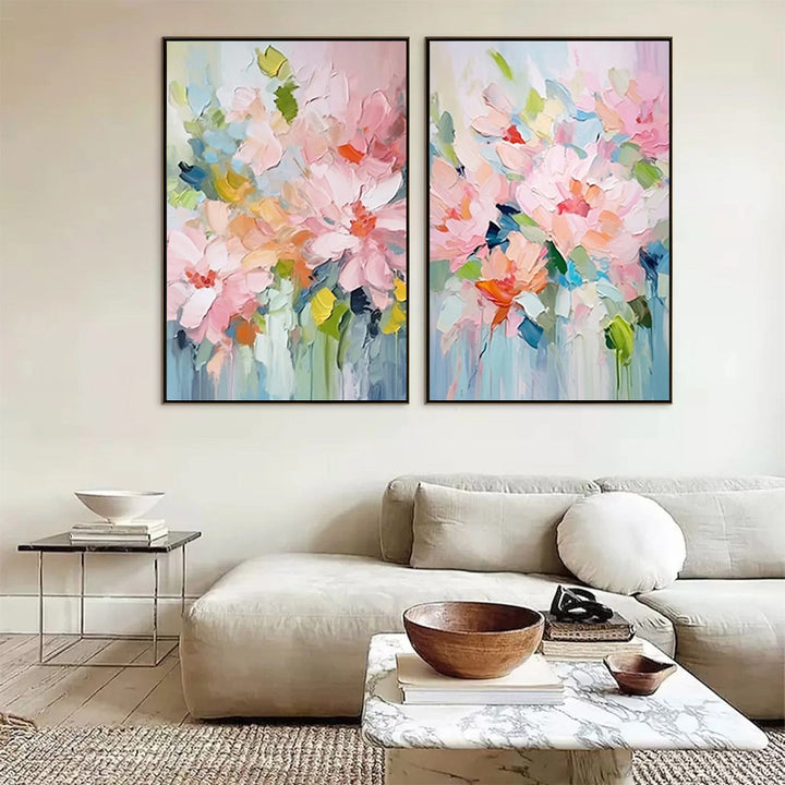 BLOSSOM CHORALE: Textured Impressionist Floral Diptych Oil Painting