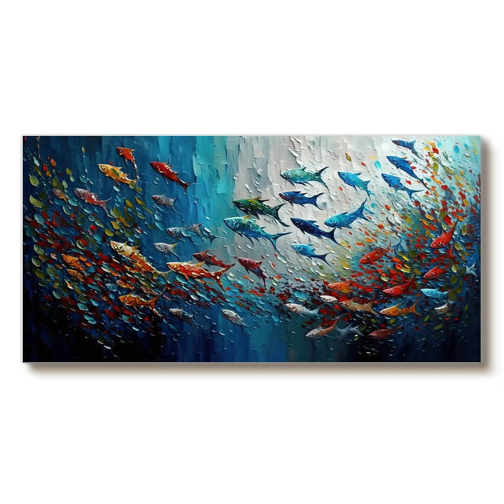 Chromatic Shoal – Textured Fish Hand-Painted Oil Painting