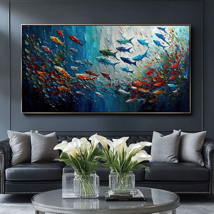 Chromatic Shoal – Textured Fish Hand-Painted Oil Painting