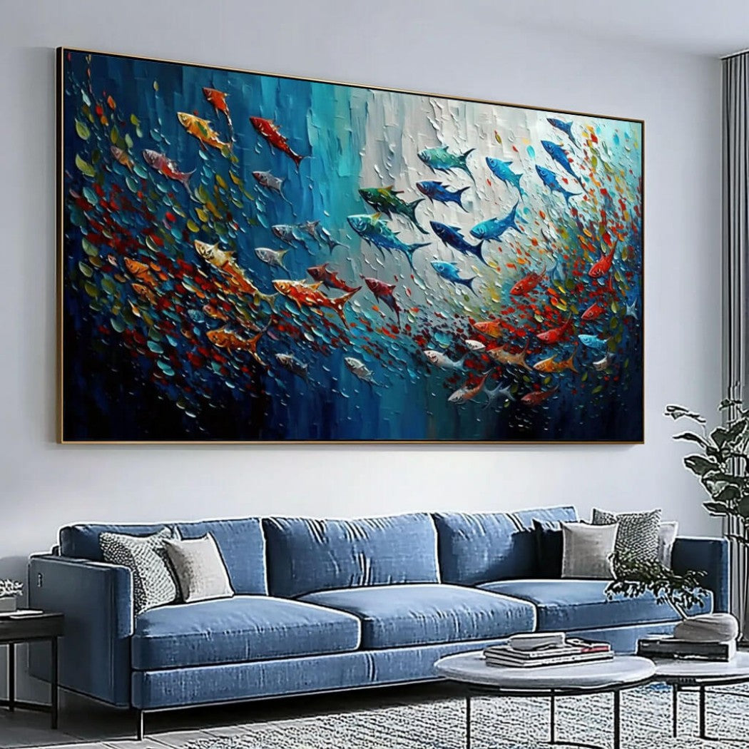 Chromatic Shoal – Textured Fish Hand-Painted Oil Painting