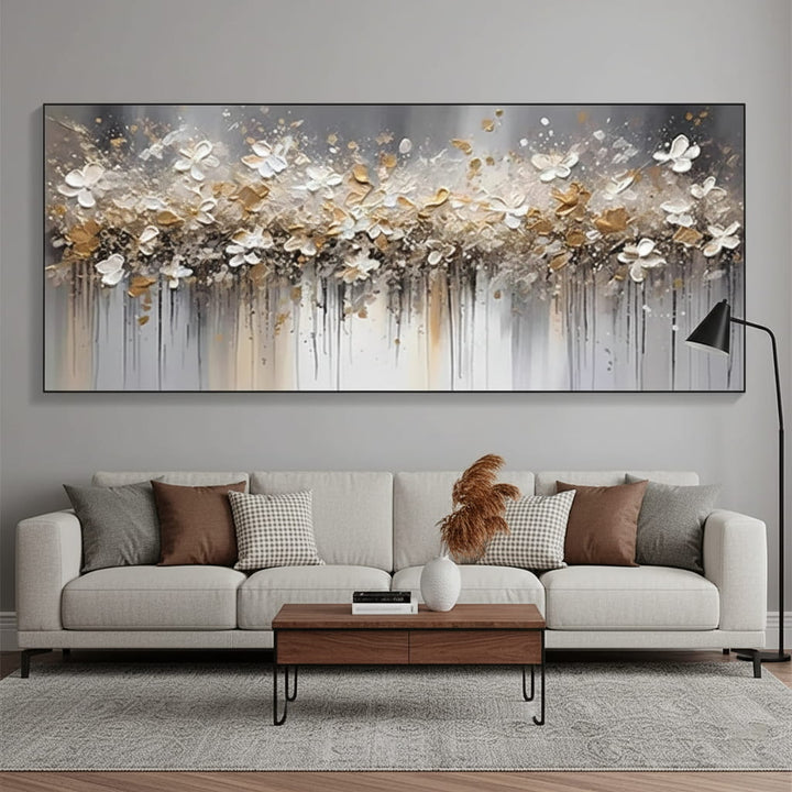 Golden Drift - Horizontal Abstract Floral Impasto Art