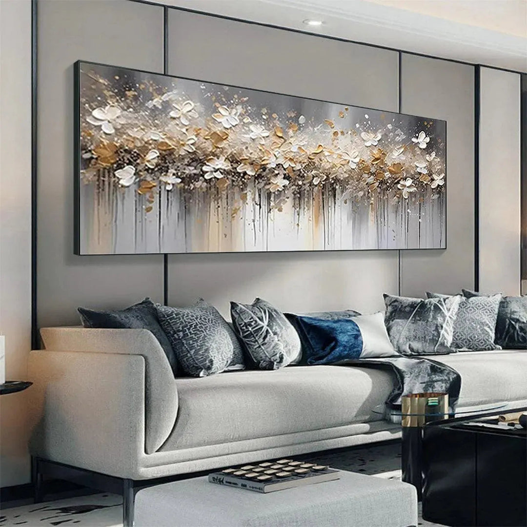 Golden Drift - Horizontal Abstract Floral Impasto Art