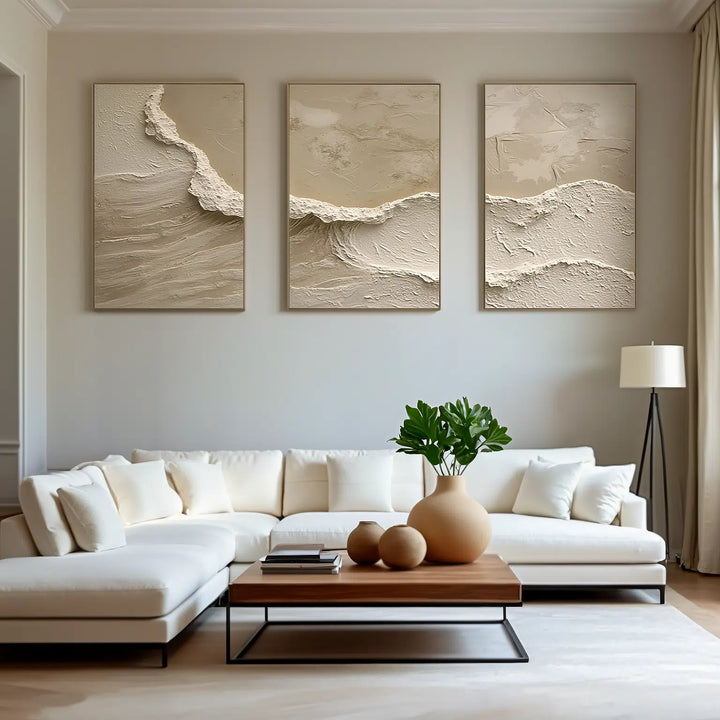 Sandstone Wave - Beige Textured Triptych Wall Art