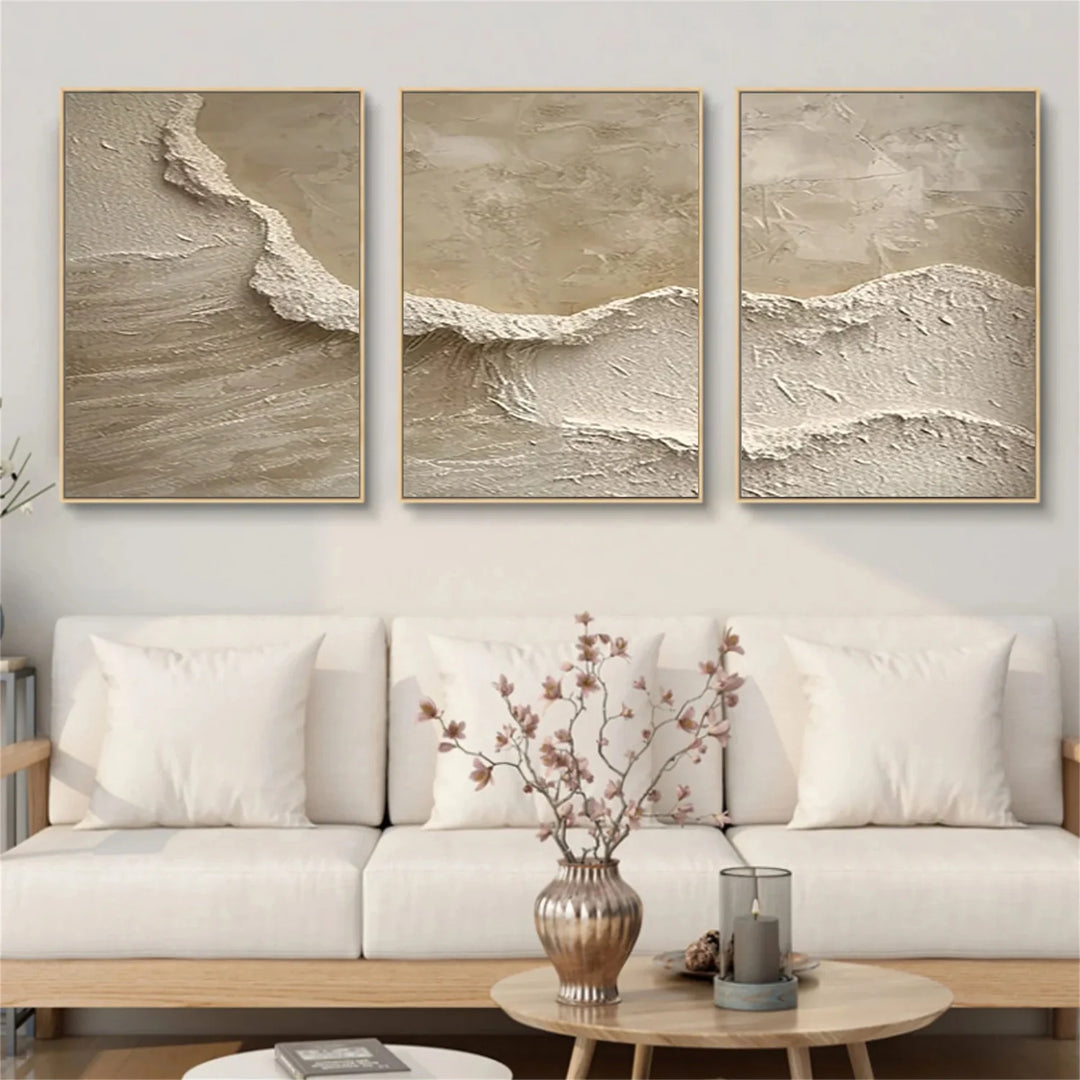 Sandstone Wave - Beige Textured Triptych Wall Art