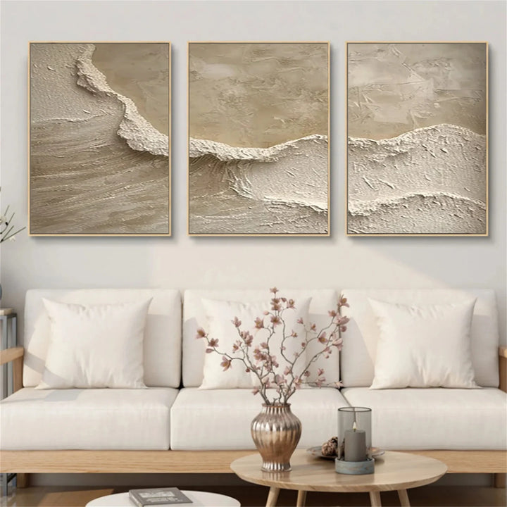 Sandstone Wave - Beige Textured Triptych Wall Art