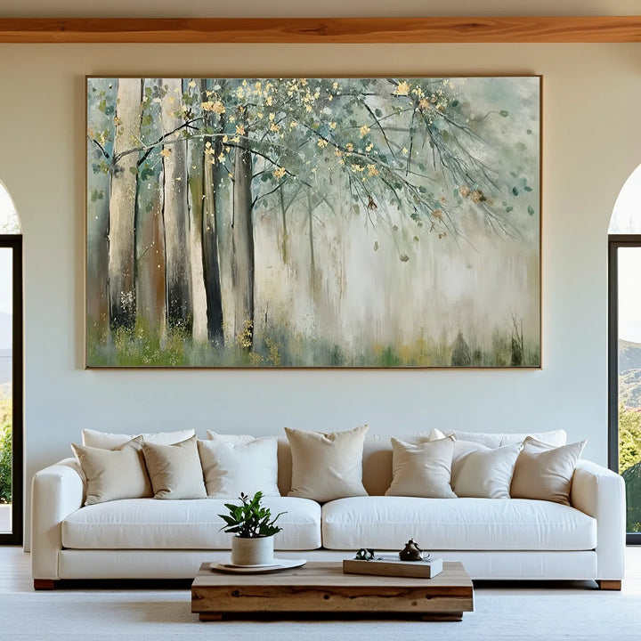Misty Grove – Gold Leaf Forest Hand-Painted Oil Painting