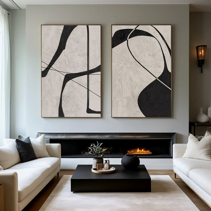 Monochrome Contour – Abstract Diptych Hand-Painted Oil Painting