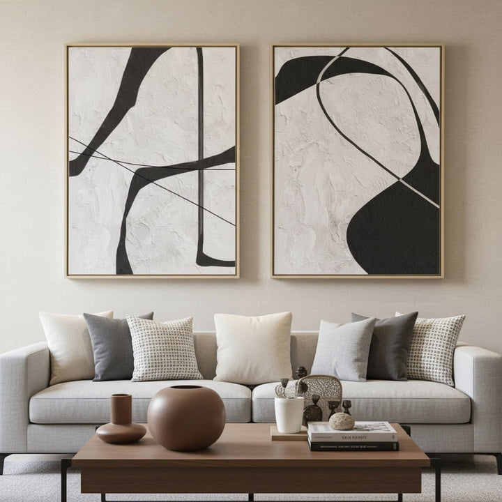 Monochrome Contour – Abstract Diptych Hand-Painted Oil Painting