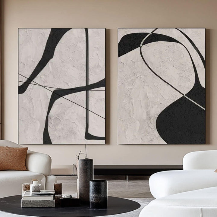 Monochrome Contour – Abstract Diptych Hand-Painted Oil Painting