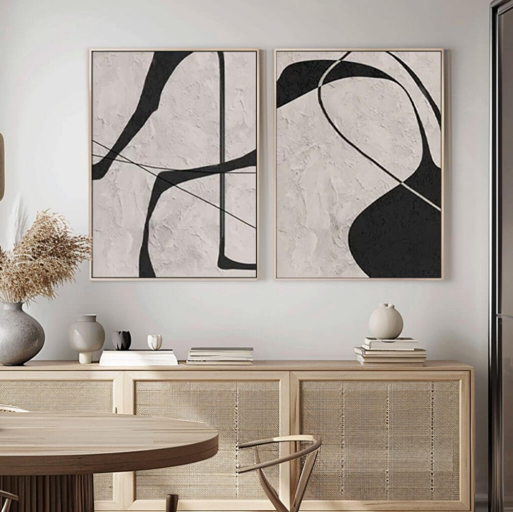Monochrome Contour – Abstract Diptych Hand-Painted Oil Painting