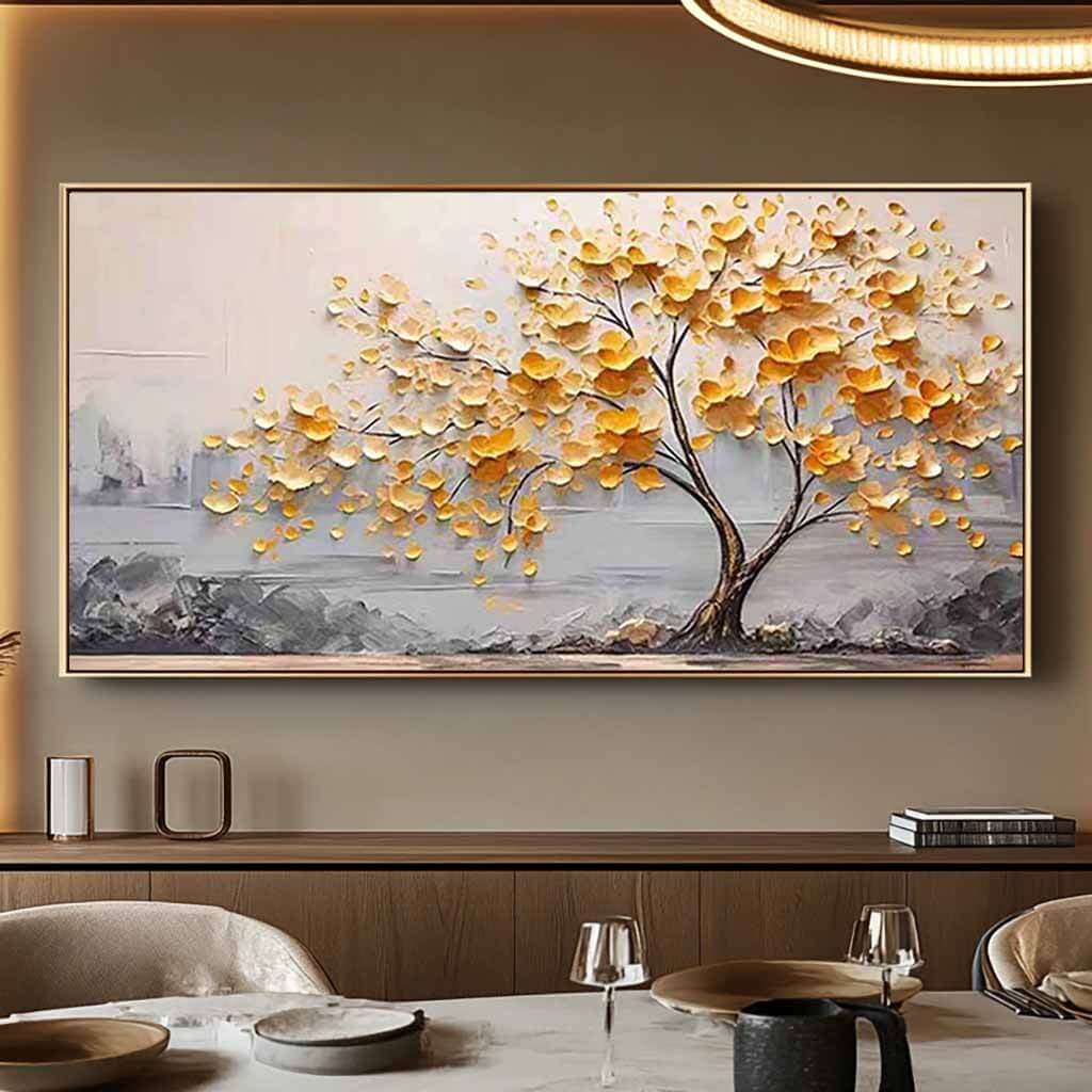 Amber Petals – Textured Tree Hand-Painted Oil Painting