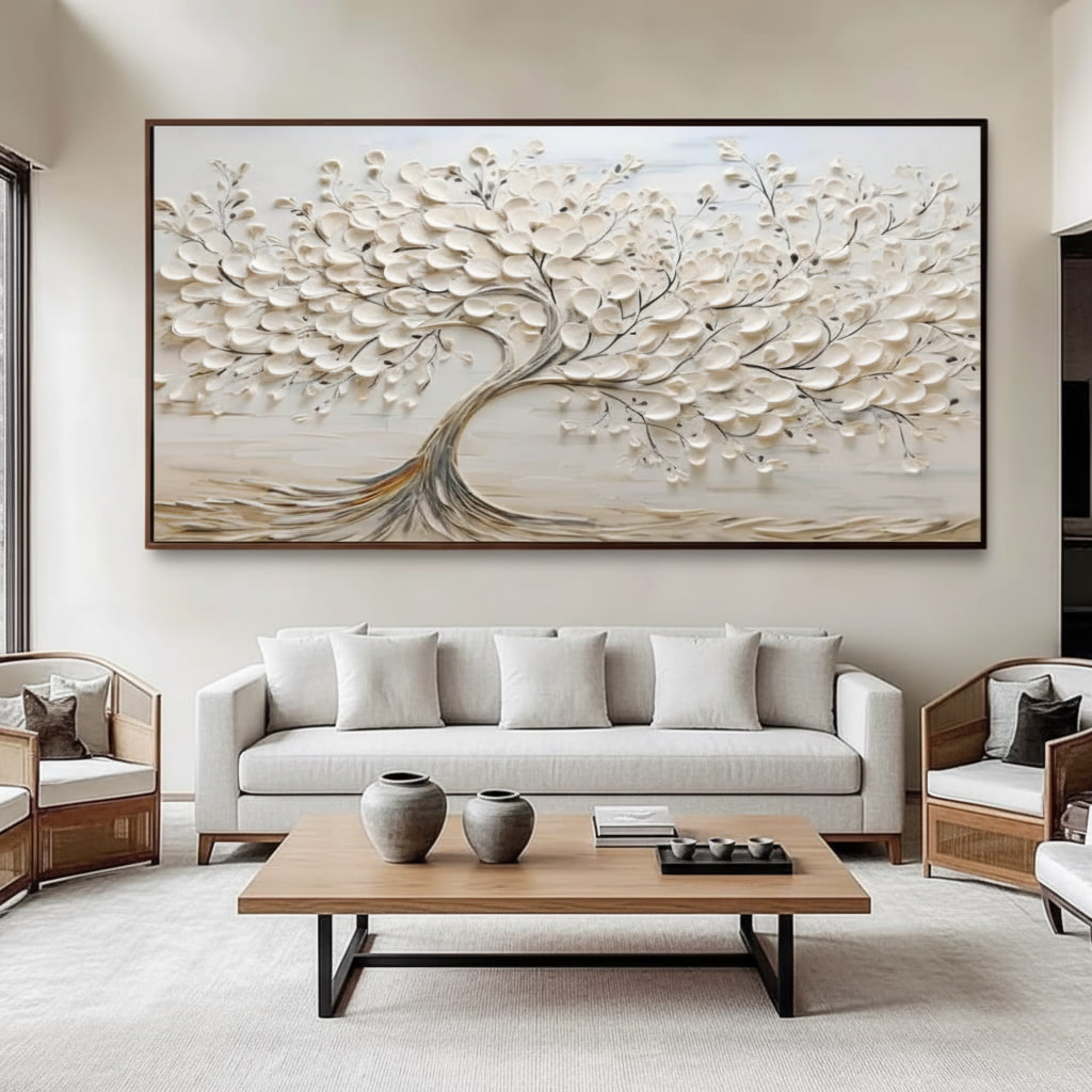 Porcelain Bloom – Textured Tree Hand-Painted Oil Painting